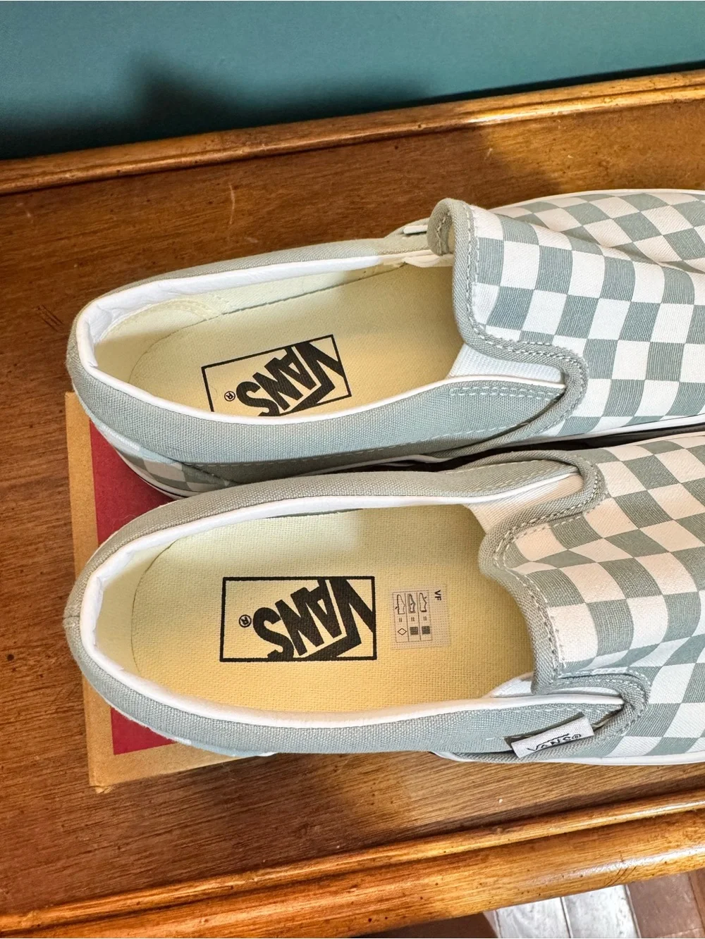 Vans Slip-On Checkerboard Sneakers in Greyish/Teal & White